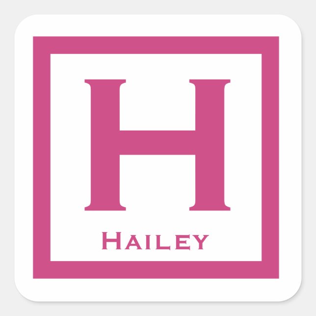 Pink Initial Name Kids Girl Party Back to School Square Sticker (Front)