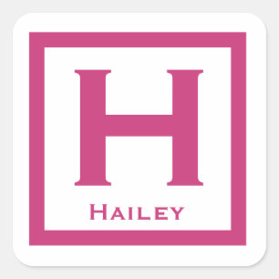 Pink Initial Name Kids Girl Party Back to School Square Sticker