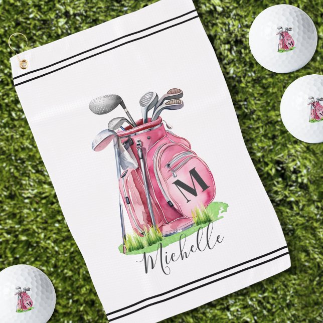 Pink  Initial Name Monogram Golf Towel (Pink Watercolor Initial Name Monogram Golf Towel )