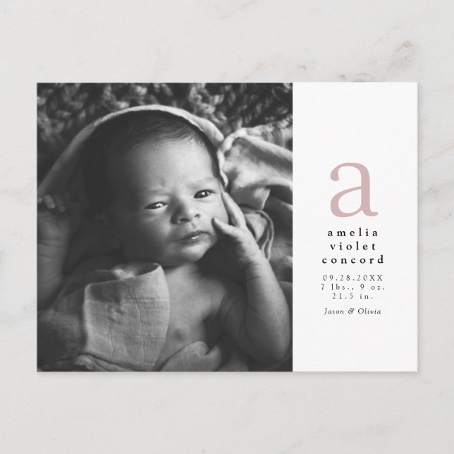 PInk initial simple Birth Announcement postcard (Front)
