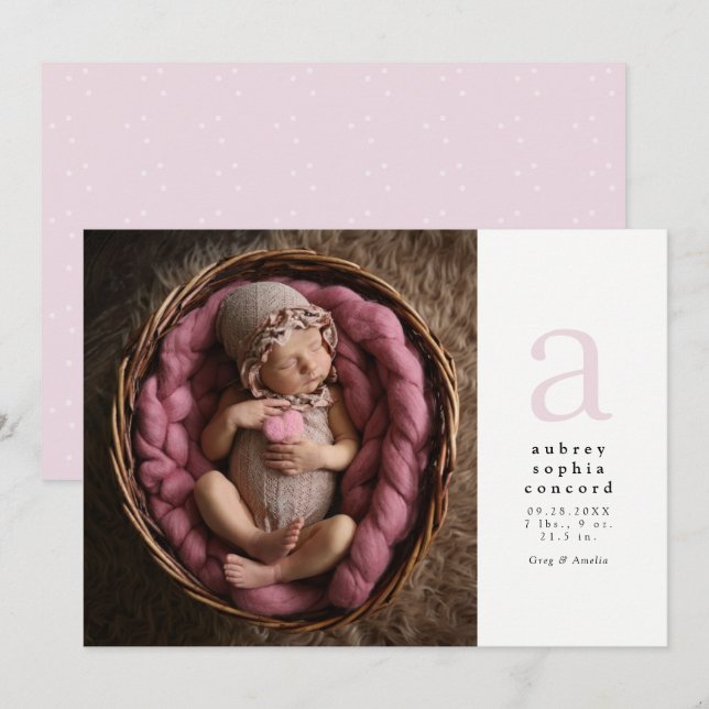 Pink initial simple classic birth announcement (Front/Back)