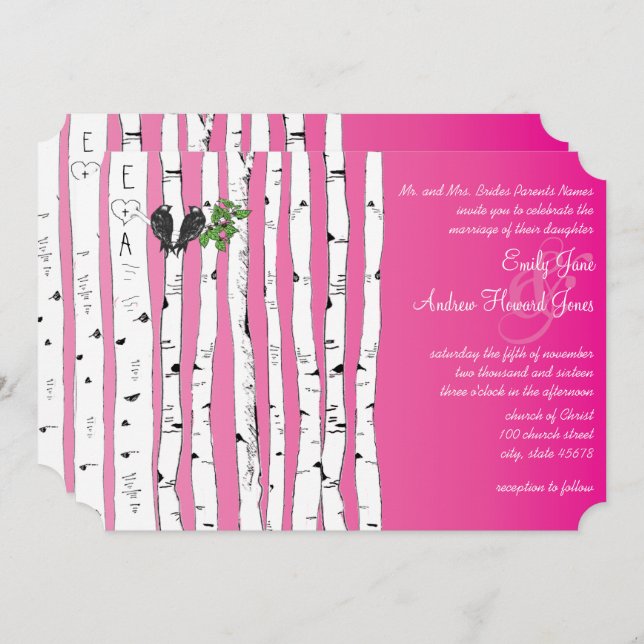Pink Initials in Birch Tree Wedding Invitations (Front/Back)