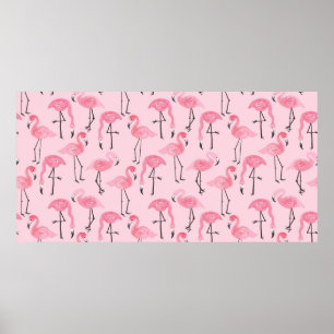 Pink ink flamingo set, tropical summer pattern vin poster
