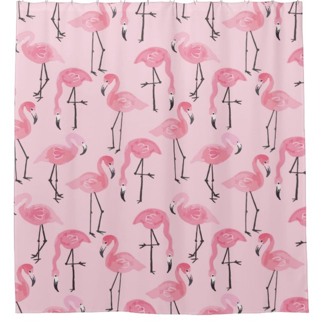 Pink ink flamingo set, tropical summer pattern vin shower curtain (Front)