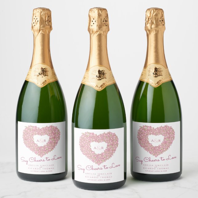 Pink inked tulip heart bouquet wedding sparkling wine label (Bottles)