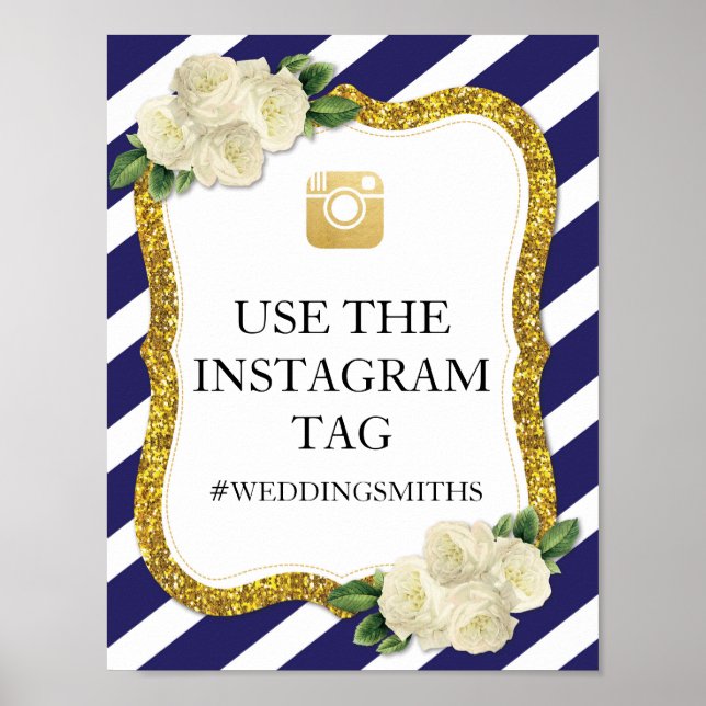Pink Instagram Sign Stripe Navy Poster Wedding (Front)