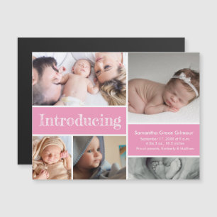 Pink Introducing Baby Girl Photo collage Magnetic Invitation
