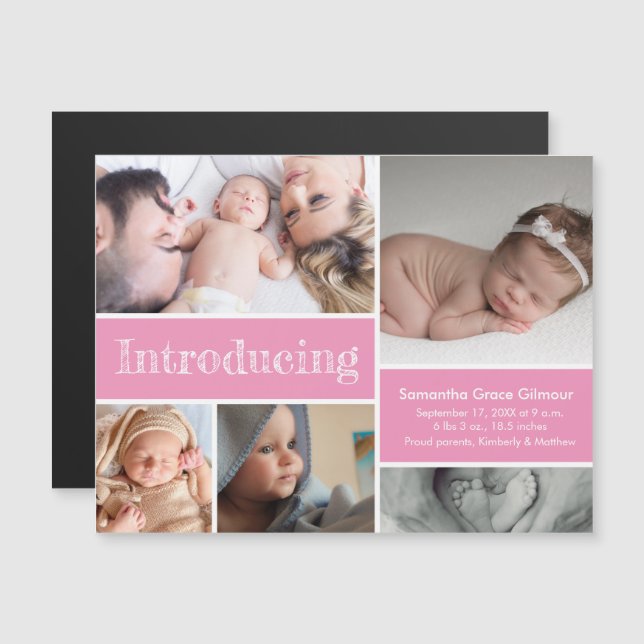 Pink Introducing Baby Girl Photo collage Magnetic Invitation (Front/Back)