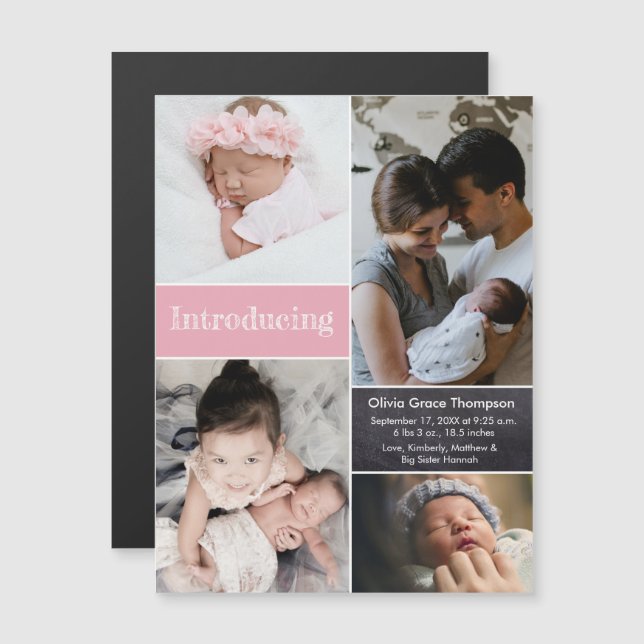 Pink Introducing photo collage baby girl birth Magnetic Invitation (Front/Back)