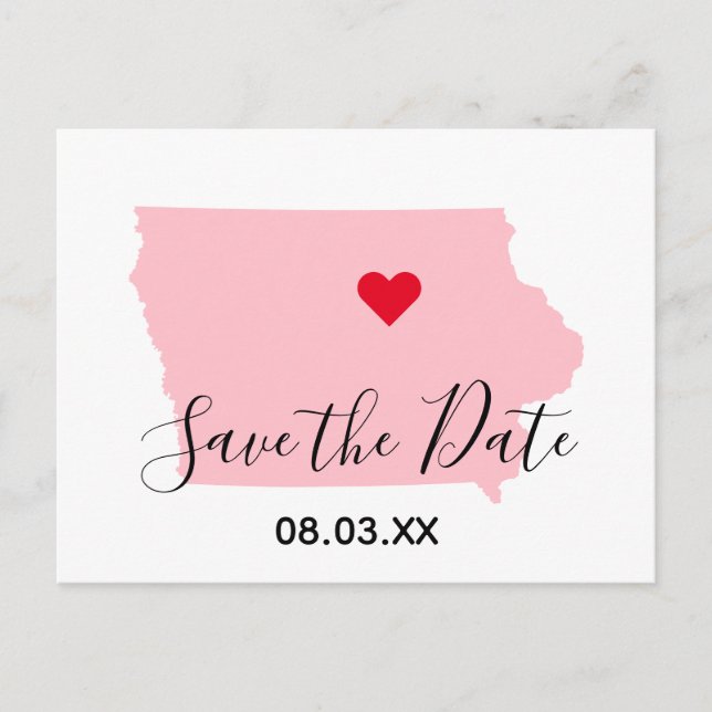 Pink Iowa Red Heart Save the Date Announcement Postcard (Front)