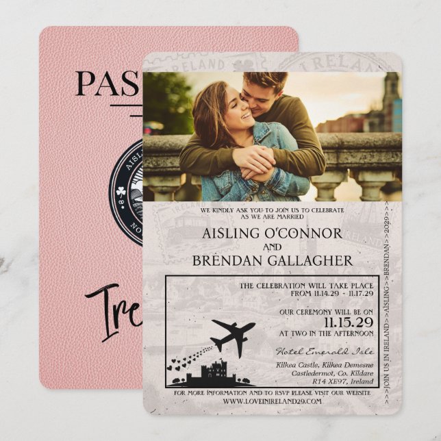 Pink Ireland Passport Wedding Invitation (Front/Back)