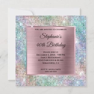 Pink Iridescent Diamond Studded Foil 40th Birthday Invitation