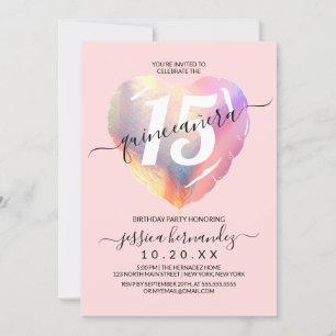 Pink Iridescent Foil Heart Balloon Quinceañera Invitation