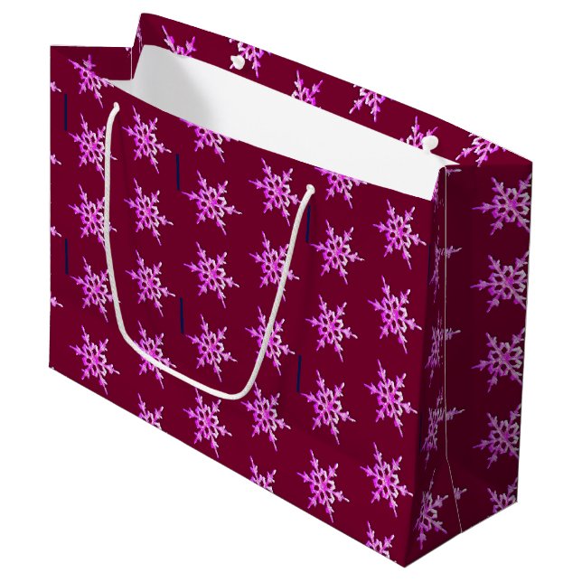 Pink iridescent snowflake on burgundy large gift bag (Front Angled)