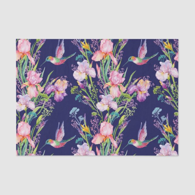 Pink Irises And Hummingbirds Tissue Paper (Front)