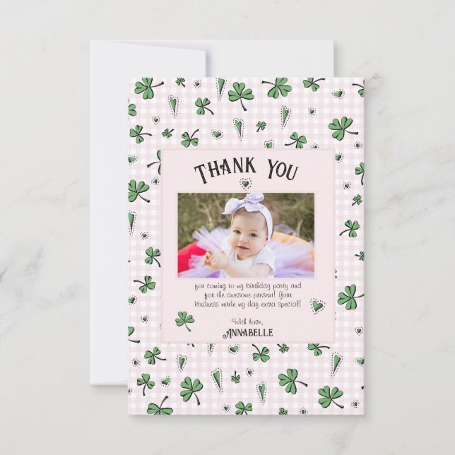 Pink Irish Clovers and Hearts Kids Birthday Thank You Card (Front)