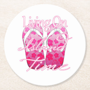 Pink Island Time Round Paper Coaster