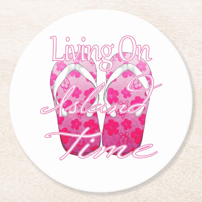 Pink Island Time Round Paper Coaster (Front)