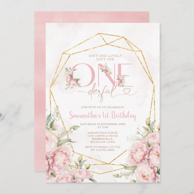 Pink Isn't She Onederful 1st Birthday Flowers Invitation (Front/Back)