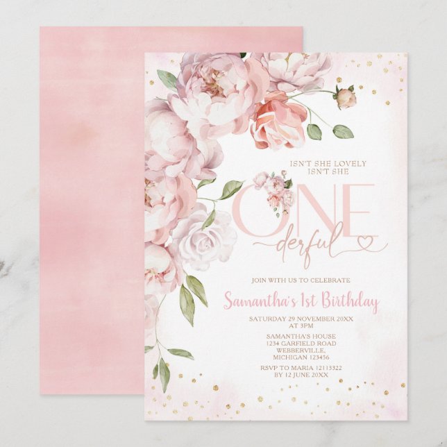 Pink Isn't She Onederful 1st Birthday Flowers Invitation (Front/Back)