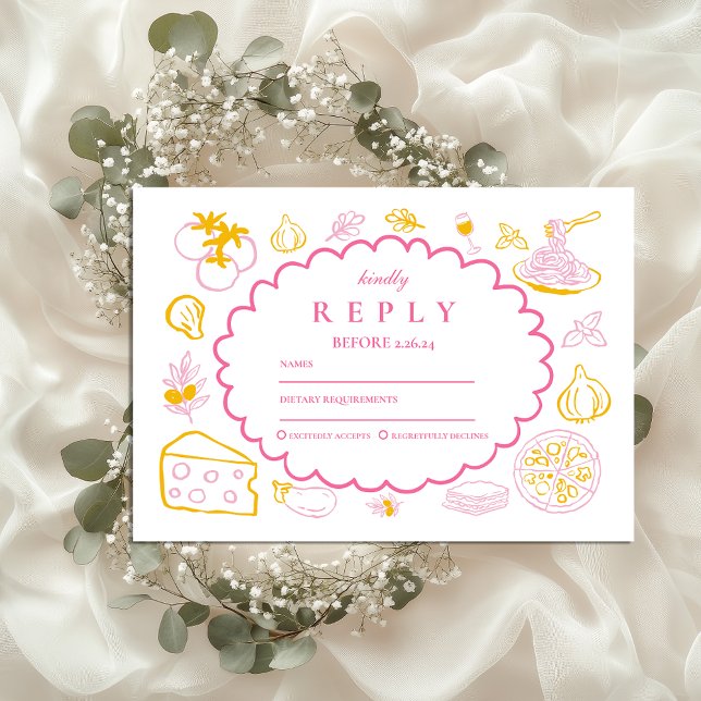 Pink Italian Food Wedding Sketch RSVP Card (Creator Uploaded)