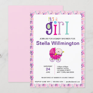 Pink It's a Girl Baby Carriage Polka Dot Pattern Invitation