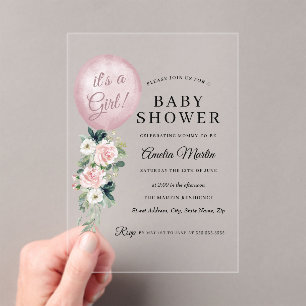 Pink It's a Girl Balloon Baby Shower  Acrylic Invitations