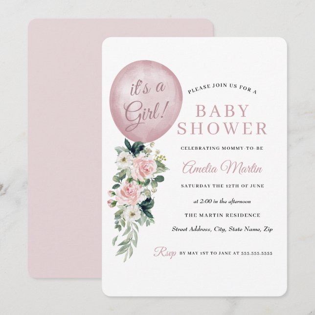 Pink It's a Girl Balloon Baby Shower Invitation (Front/Back)