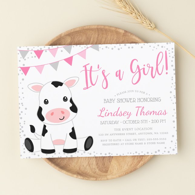 Pink It's a Girl Cow Baby Shower Invitation (Creator Uploaded)