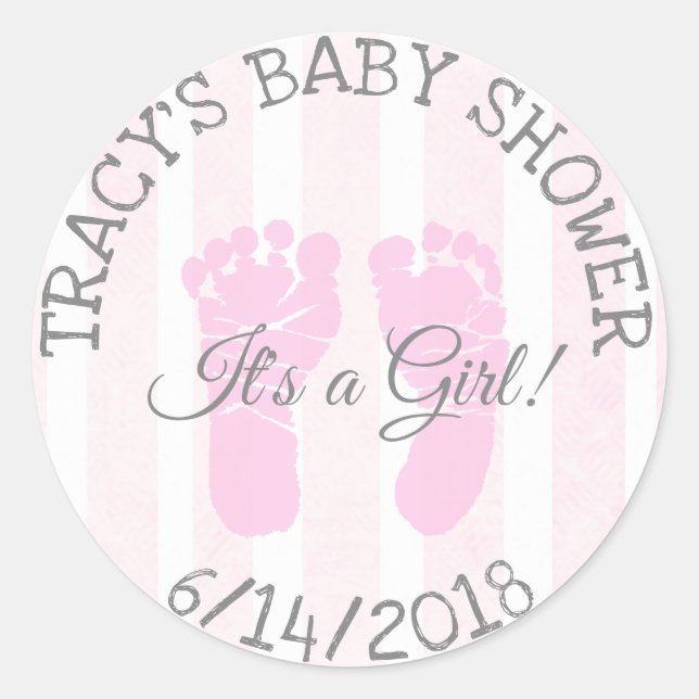 Pink Its a Girl Footprints Baby Shower Stickers (Front)
