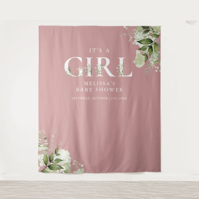 Pink Its A Girl Greenery Baby Shower Photo Prop Tapestry (Front)