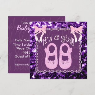 Pink Its a Girl Purple sparkles Baby shower Invite