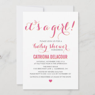 Pink It's a Girl Typography Baby Shower Invitation