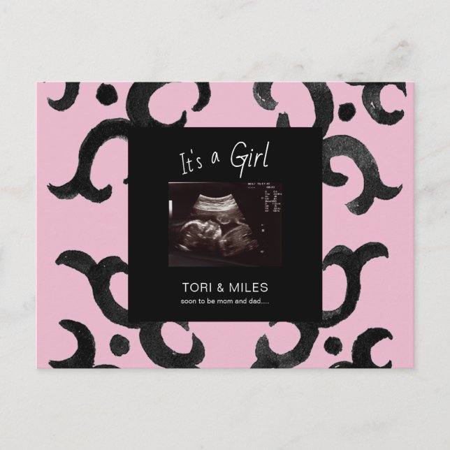 Pink It's A Girl Ultrasound Photo Expected Arrival Announcement Postcard (Front)