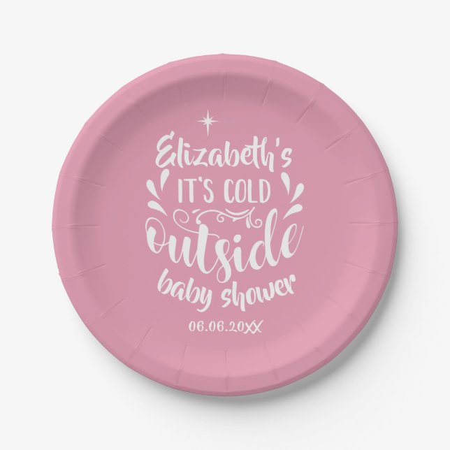 Pink Its Cold Outside Baby Shower/Sprinkle Paper Plate (Front)
