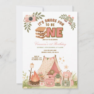 Pink It's Smore Fun to Be One Birthday Marshmallow Invitation