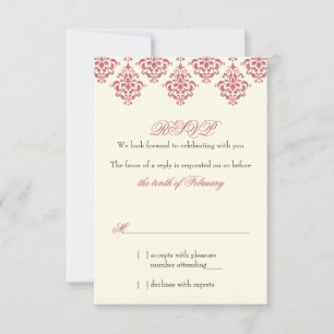 Pink Ivory Arabesque Damask Floral Wedding RSVP Invitation
