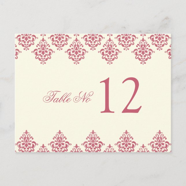 Pink Ivory Arabesque Damask Table Number Card (Front)