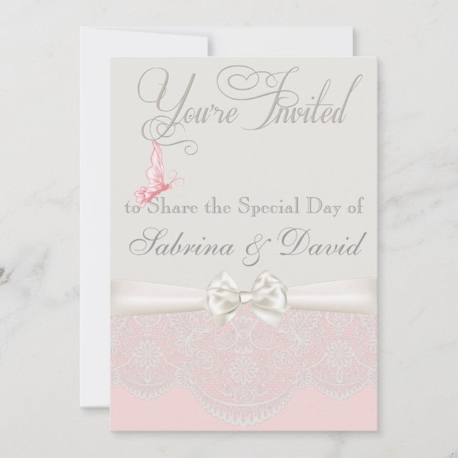 Pink & Ivory Butterflies and Lace Invitation (Front)
