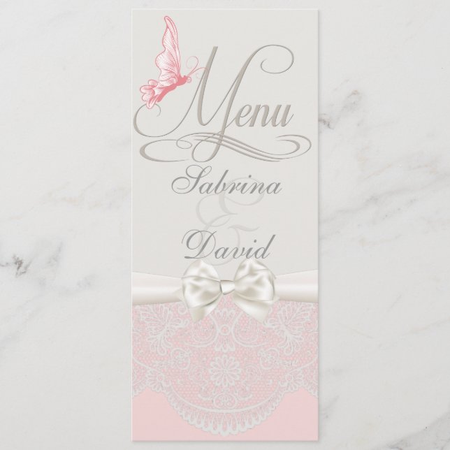 Pink & Ivory Butterflies and Lace Menu (Front)