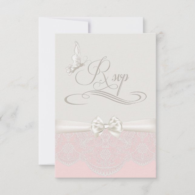 Pink & Ivory Butterflies and Lace RSVP Card (Front)
