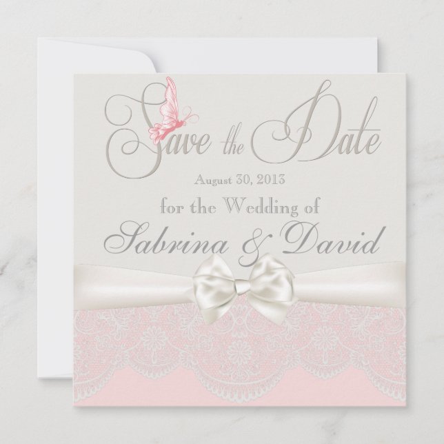 Pink & Ivory Butterflies and Lace Save the Date (Front)