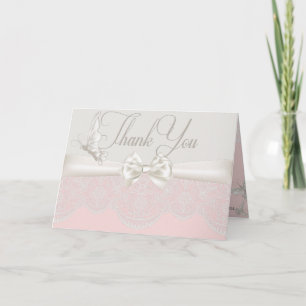 Pink & Ivory Butterflies and Lace Thank You Card
