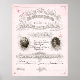 Pink & Ivory Butterfly Marriage Certificate Poster