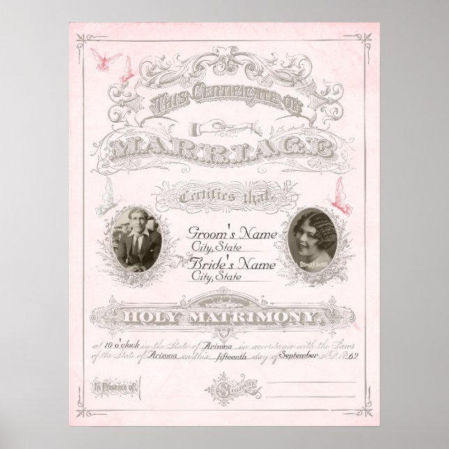 Pink & Ivory Butterfly Marriage Certificate Poster (Front)