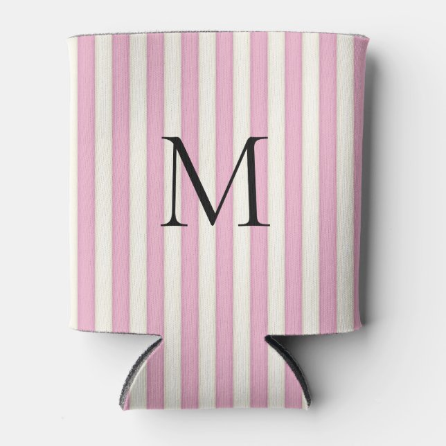 Pink & Ivory Candy Stripes Monogrammed Can Cooler (Front)