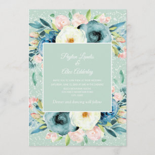 Pink Ivory Cream Floral Stardust Mint Wedding Invitation