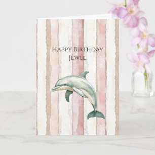 Pink Ivory Cream Stripes Dolphin Birthday Card