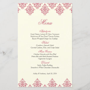 Pink Ivory Damask Arabesque Wedding Menu Card