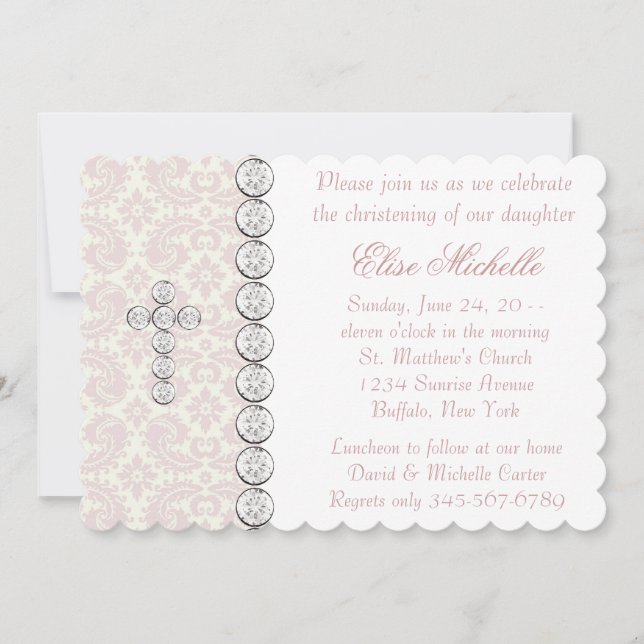 Pink Ivory Damask Cross Baby Girl Christening Invitation (Front)